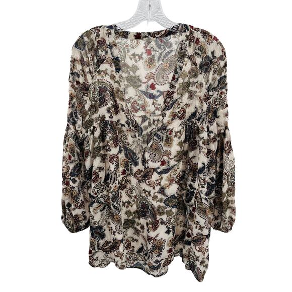 Ecote UO Maroon Gray Paisley Long Sleeve V Neck Boho Flowy Hippie Blouse Top S - Picture 1 of 7